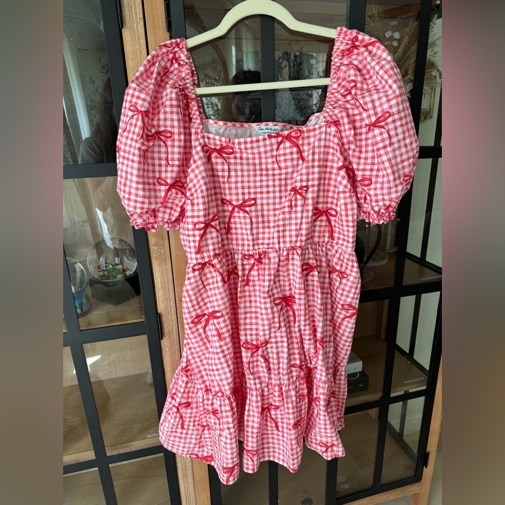 Miss Selfridge bows babydoll dress poplin tiered mini smock gingham coquette